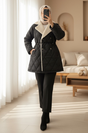 Elastic Waist Plush Detailed Quilted Coat -Black