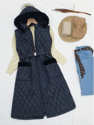 Quilted Vest with Hood and Belt -Black