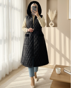 Quilted Vest with Hood and Belt -Black