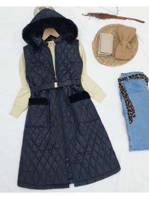 Çıkma Kapşonlu Kemerli Kapitone Yelek -Siyah