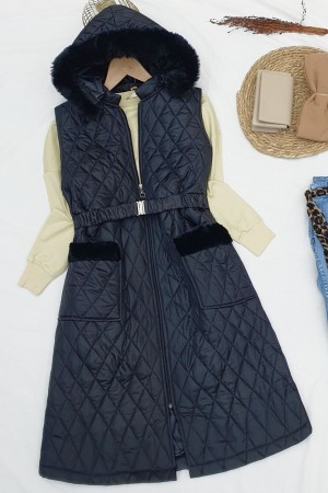 Çıkma Kapşonlu Kemerli Kapitone Yelek -Siyah