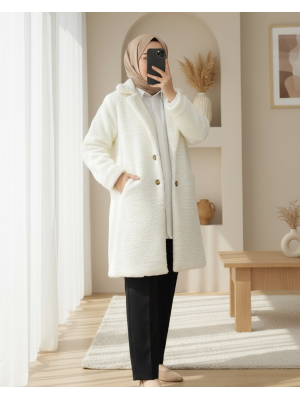 Düğmeli Astarlı Önden Cepli Peluş Kaban -Ekru