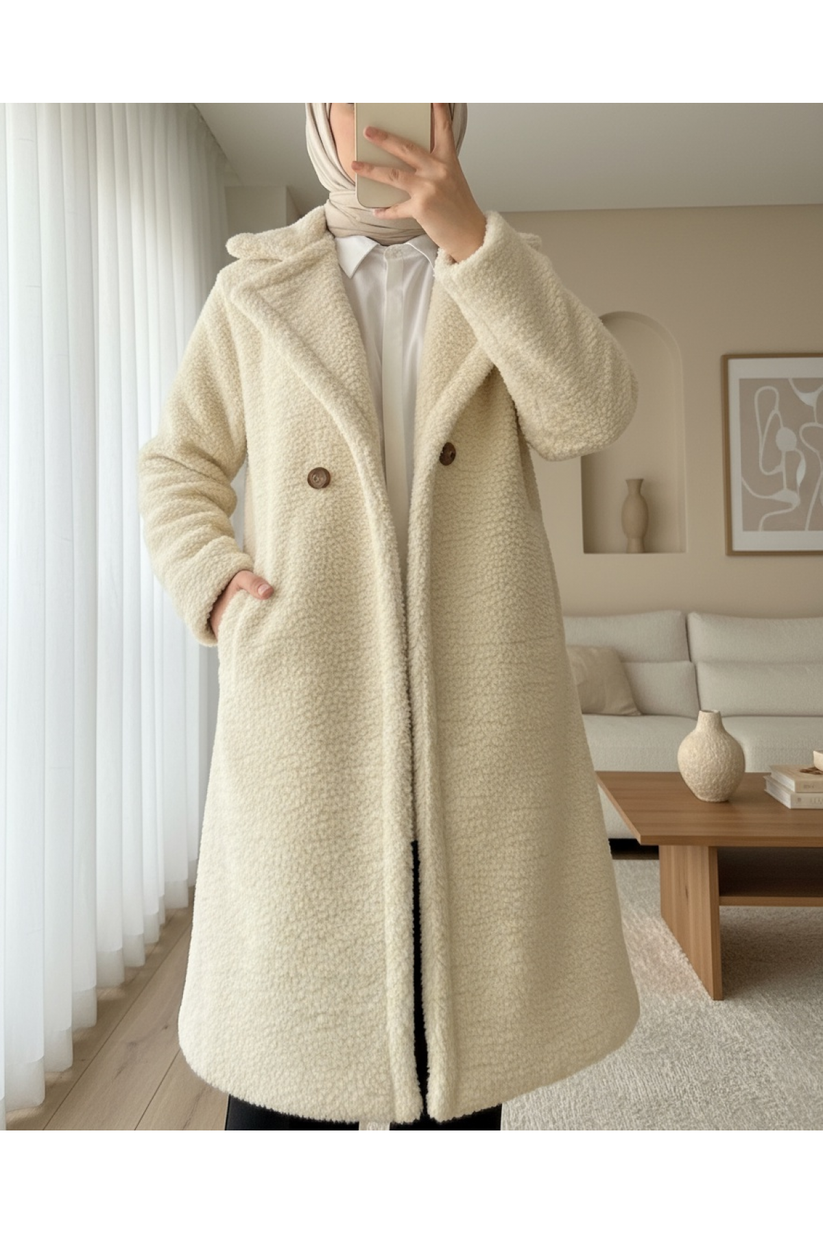 Double Buttoned Lined Plush Coat with Side Pockets -Light Mink