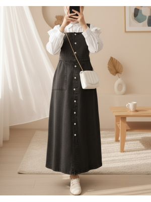 Boydan Düğmeli Çift Cepli Kot Salopet  -Siyah