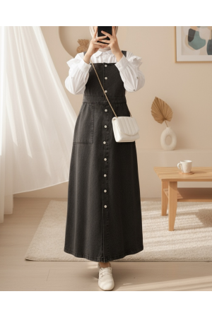 بنطلون جينز بجيب مزدوج فضفاض  -أسود