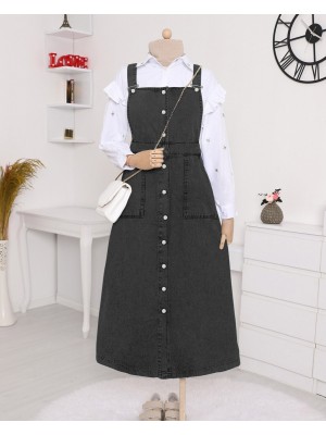 Button Down Double Pocket Jeans Loose  -Black