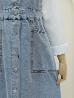 Boydan Düğmeli Çift Cepli Kot Salopet -Buz Mavi