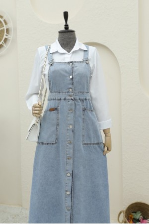 Boydan Düğmeli Çift Cepli Kot Salopet -Buz Mavi