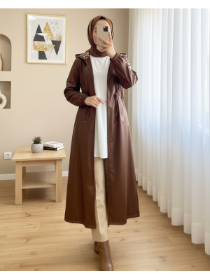 Tünel Bağcıklı Kapşonlu Uzun Deri Kap   -Taba