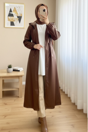 Tünel Bağcıklı Kapşonlu Uzun Deri Kap   -Taba