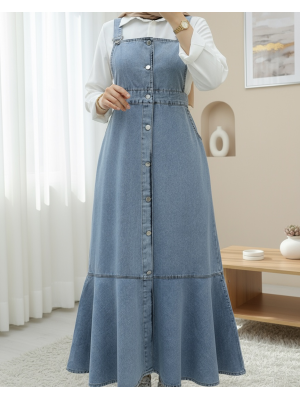 Önden Düğmeli Yan Cepli Eteği Fırfırlı Kot Jile -Buz Mavi