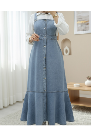 Önden Düğmeli Yan Cepli Eteği Fırfırlı Kot Jile -Buz Mavi