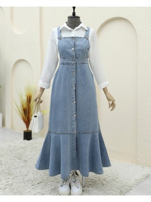 Önden Düğmeli Yan Cepli Eteği Fırfırlı Kot Jile -Buz Mavi