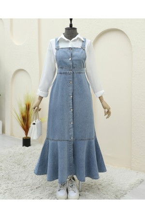 Önden Düğmeli Yan Cepli Eteği Fırfırlı Kot Jile -Buz Mavi