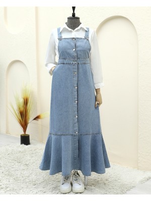 Önden Düğmeli Yan Cepli Eteği Fırfırlı Kot Jile -Buz Mavi