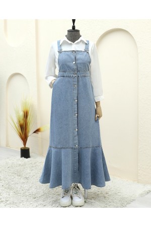 Önden Düğmeli Yan Cepli Eteği Fırfırlı Kot Jile -Buz Mavi