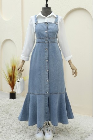 Önden Düğmeli Yan Cepli Eteği Fırfırlı Kot Jile -Buz Mavi