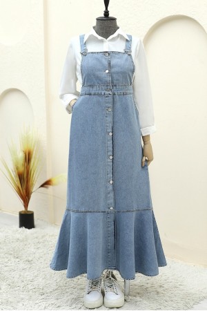 Önden Düğmeli Yan Cepli Eteği Fırfırlı Kot Jile -Buz Mavi