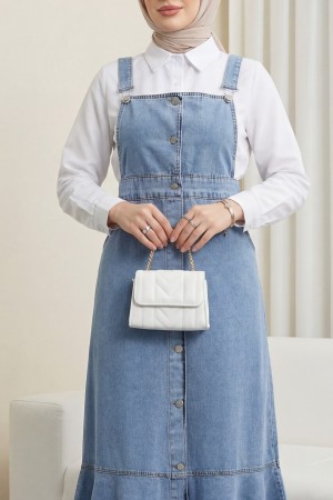 Önden Düğmeli Yan Cepli Eteği Fırfırlı Kot Jile -Buz Mavi