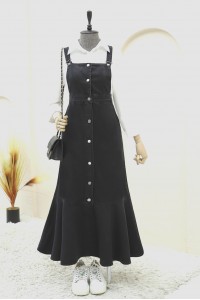 Önden Düğmeli Yan Cepli Eteği Fırfırlı Kot Jile -Siyah