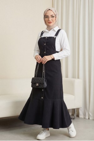 Önden Düğmeli Yan Cepli Eteği Fırfırlı Kot Jile -Siyah
