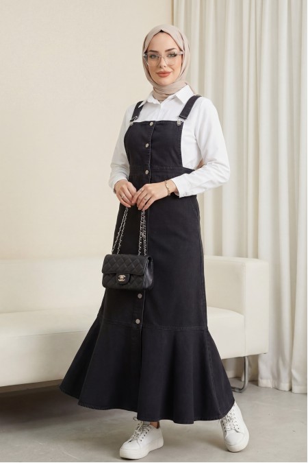Önden Düğmeli Yan Cepli Eteği Fırfırlı Kot Jile -Siyah