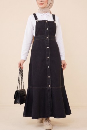 Önden Düğmeli Yan Cepli Eteği Fırfırlı Kot Jile -Siyah