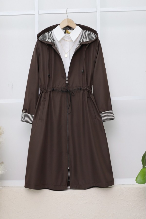 Elastic Waist Folded Arms Hooded Trench Coat  -Dark Coffee