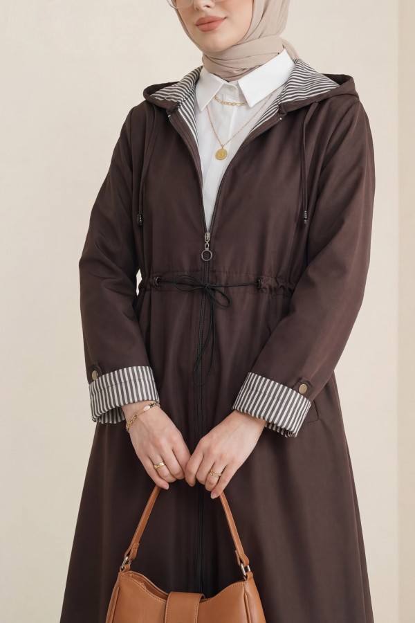 Elastic Waist Folded Arms Hooded Trench Coat  -Dark Coffee