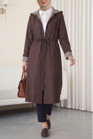 Beli Lastikli Kolu Katlamalı Kapşonlu Trenckot  -K. Kahve