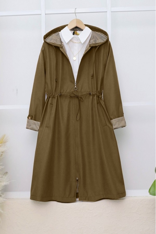 Elastic Waist Folded Arms Hooded Trench Coat  -Snuff