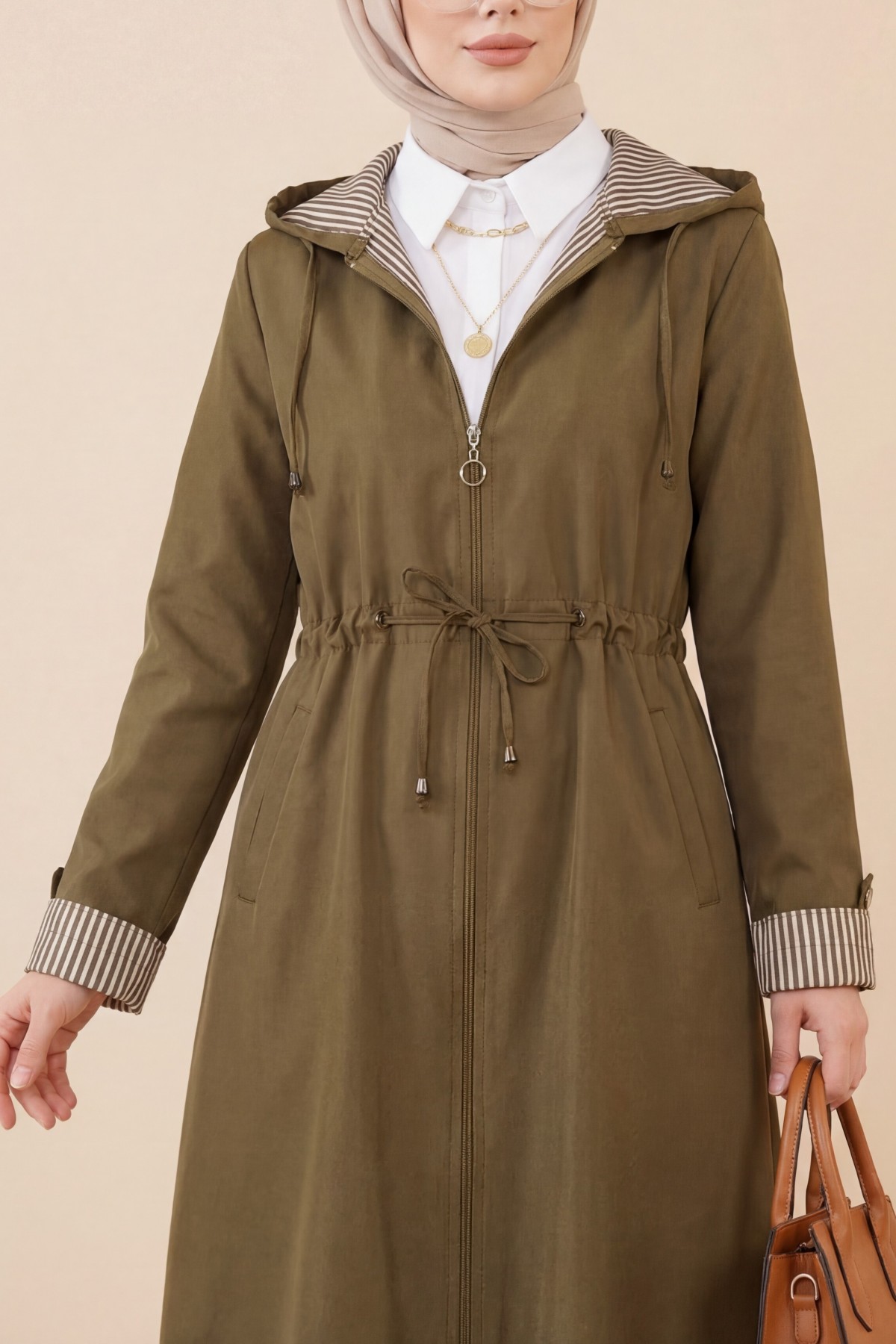 Elastic Waist Folded Arms Hooded Trench Coat  -Snuff