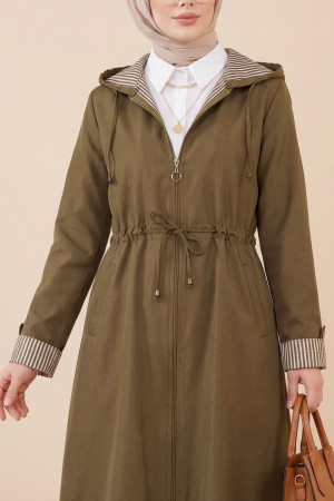 Beli Lastikli Kolu Katlamalı Kapşonlu Trenckot  -Taba