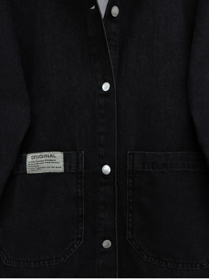 Buttoned Denim Jacket with Bag Pockets -Black