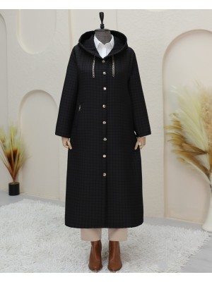 Yakası Zincir Detaylı Uzun Kapitone Kaban -Siyah