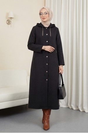 Long Quilted Coat with Chain Detail on Collar -Black