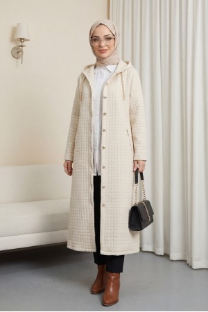 Long Quilted Coat with Chain Detail on Collar -Stone