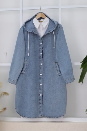 Kapşonlu Düğmeli Oval Kesim Kot Kap -Buz Mavi