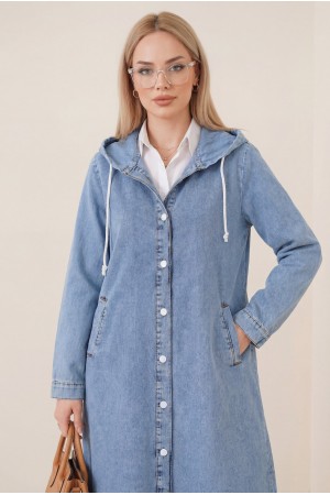 Kapşonlu Düğmeli Oval Kesim Kot Kap -Buz Mavi