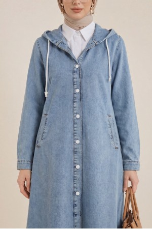 Kapşonlu Düğmeli Oval Kesim Kot Kap -Buz Mavi