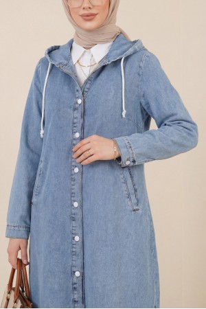 Kapşonlu Düğmeli Oval Kesim Kot Kap -Buz Mavi