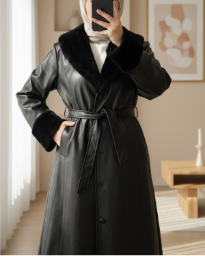 Leather Coat with Plush Sleeves and Collar and Lace-Up -Black
