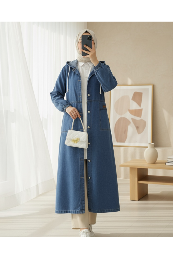 Button Down Hooded Folded Pocket Denim Coat -Blue