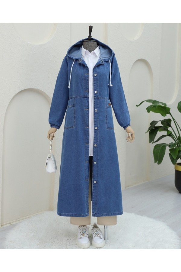 Button Down Hooded Folded Pocket Denim Coat -Blue