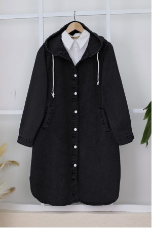 Kapşonlu Düğmeli Oval Kesim Kot Kap  -Siyah