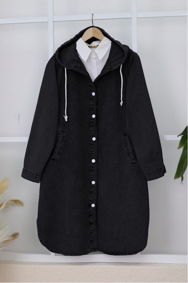 Oval Cut Denim Jacket with Hooded Buttons  -Black