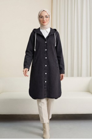 Kapşonlu Düğmeli Oval Kesim Kot Kap  -Siyah