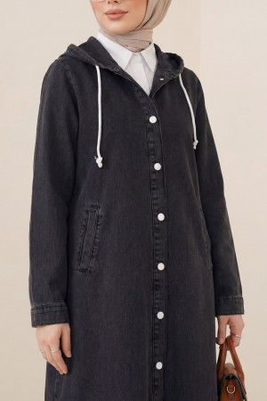 Kapşonlu Düğmeli Oval Kesim Kot Kap  -Siyah