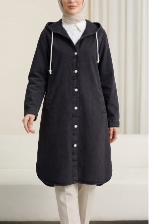 Kapşonlu Düğmeli Oval Kesim Kot Kap  -Siyah