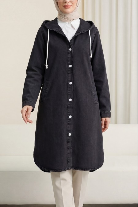 Kapşonlu Düğmeli Oval Kesim Kot Kap  -Siyah